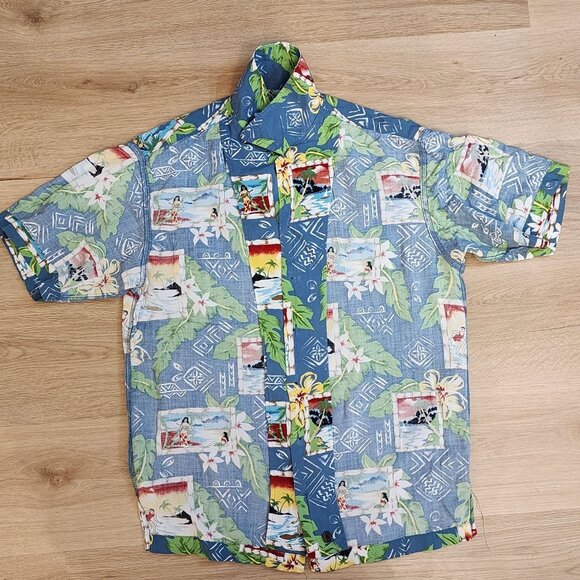 Vintage Utility Hawaiian Shirt Blue With Tropical Print & Beach Scenes Button-Up - Picture 5 of 6